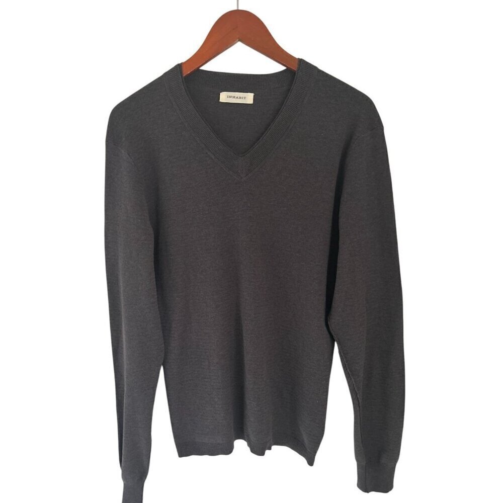 Inhabit Women’s Med Gray V-Neck Knit Sweater Cotton Blend